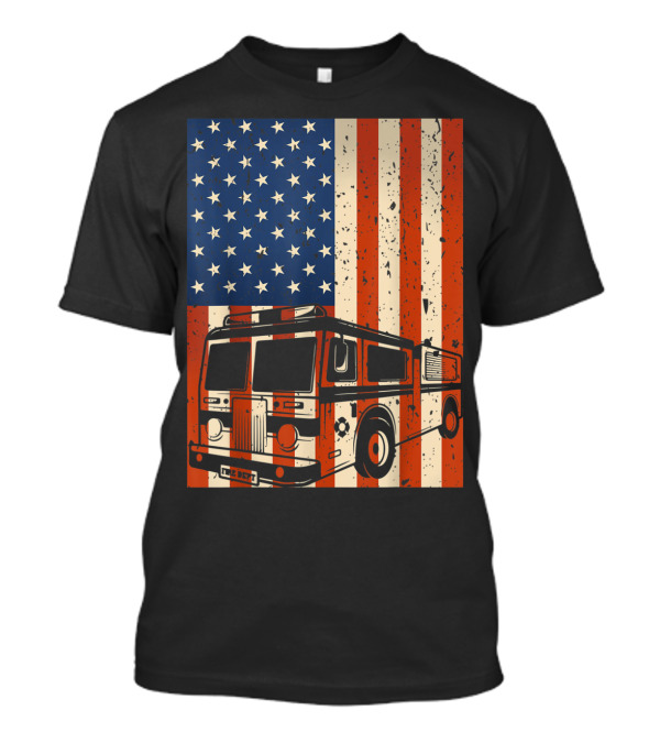 Mens 4th Of July Firefighter American Flag Fire Truck T-Shirt