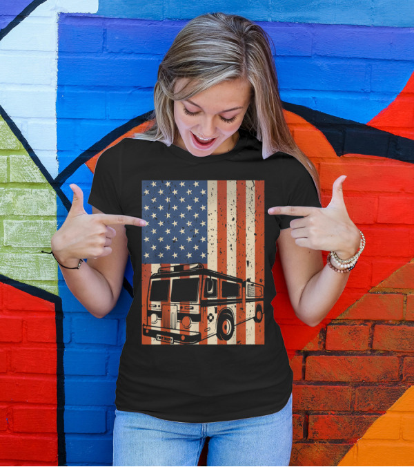 Mens 4th Of July Firefighter American Flag Fire Truck T-Shirt