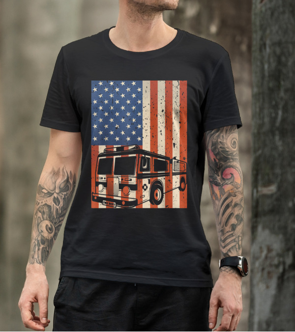 Mens 4th Of July Firefighter American Flag Fire Truck T-Shirt