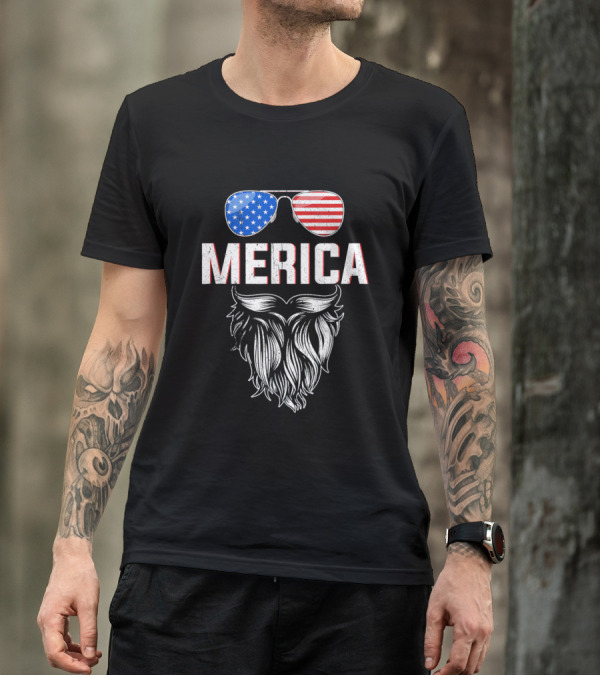Merica Patriotic Beard Sunglasses American Flag Fourth Of July T-Shirt