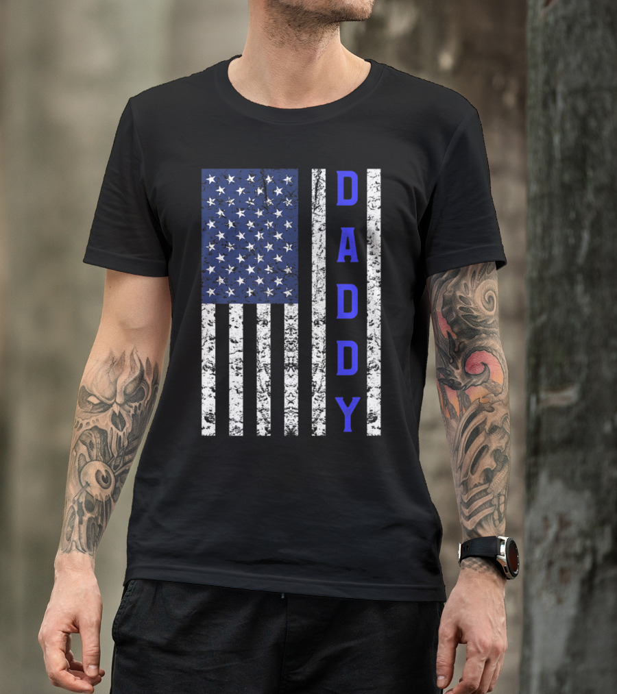 Thin Blue Line Police Dad Daddy American Flag T-Shirt