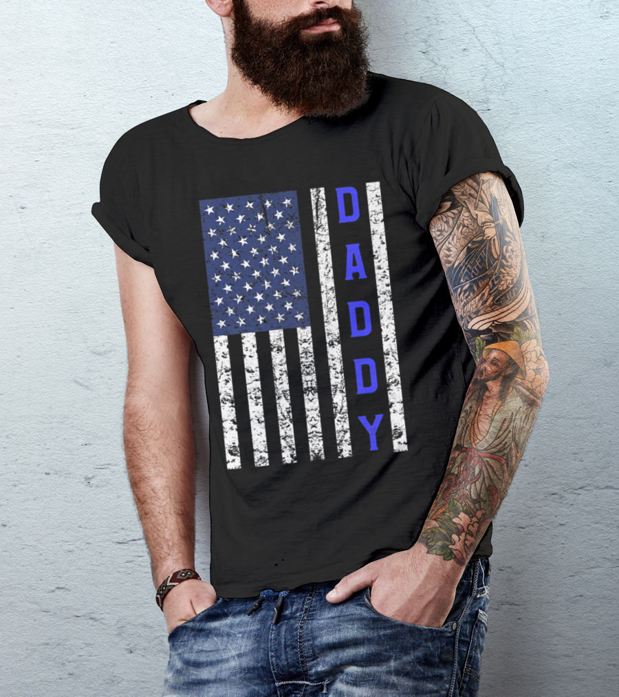 Thin Blue Line Police Dad Daddy American Flag T-Shirt