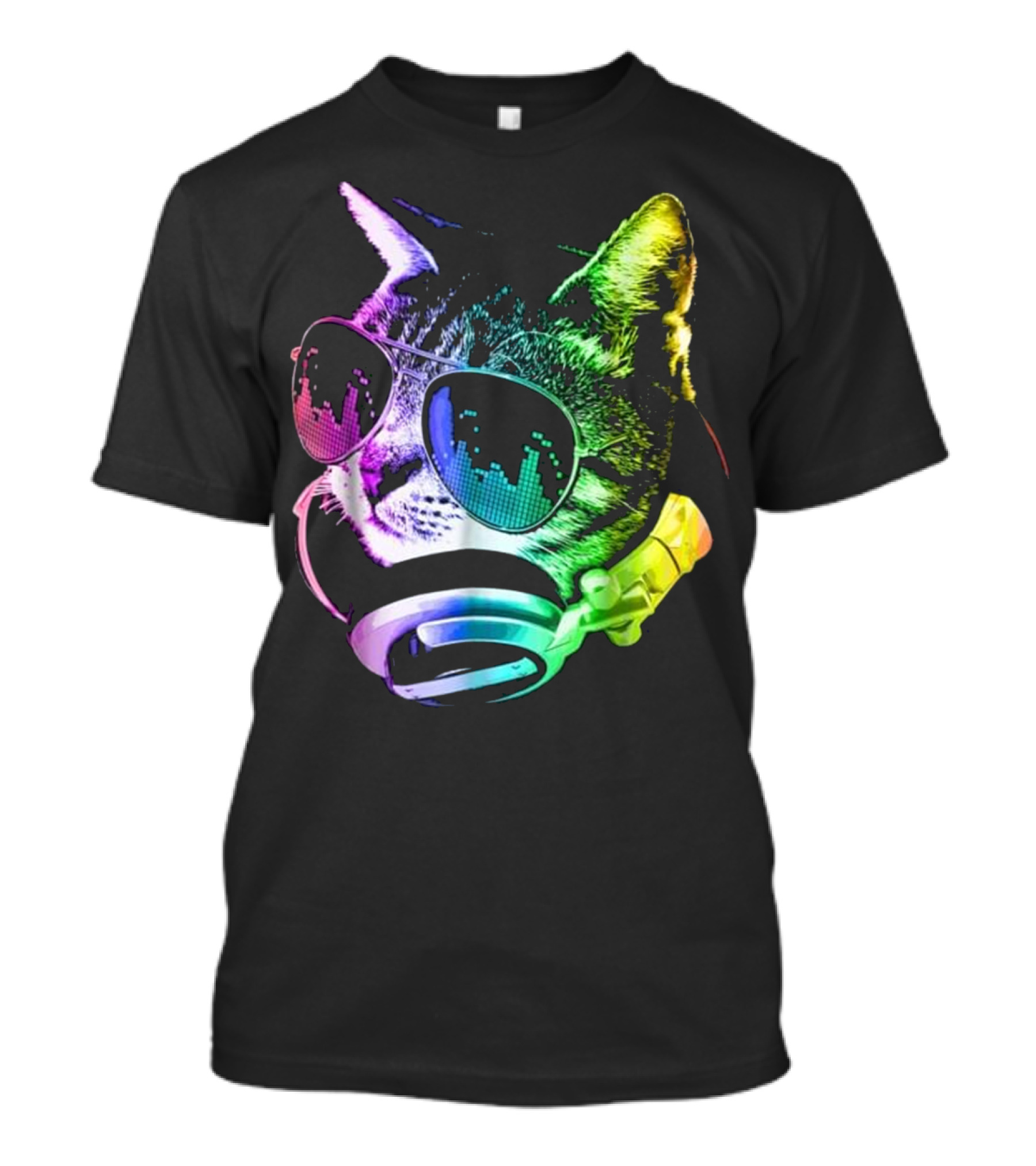 Rainbow Headphones Cat With DJ Glasses Music Equalizer T-Shirt