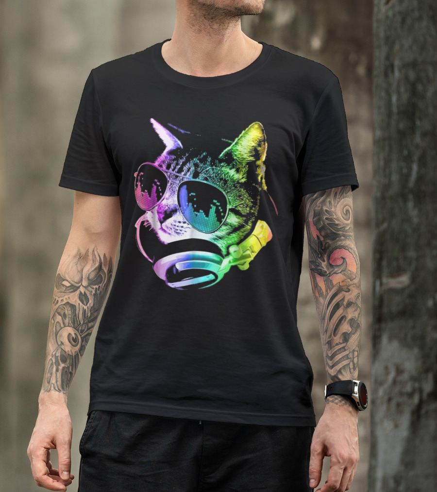Rainbow Headphones Cat With DJ Glasses Music Equalizer T-Shirt