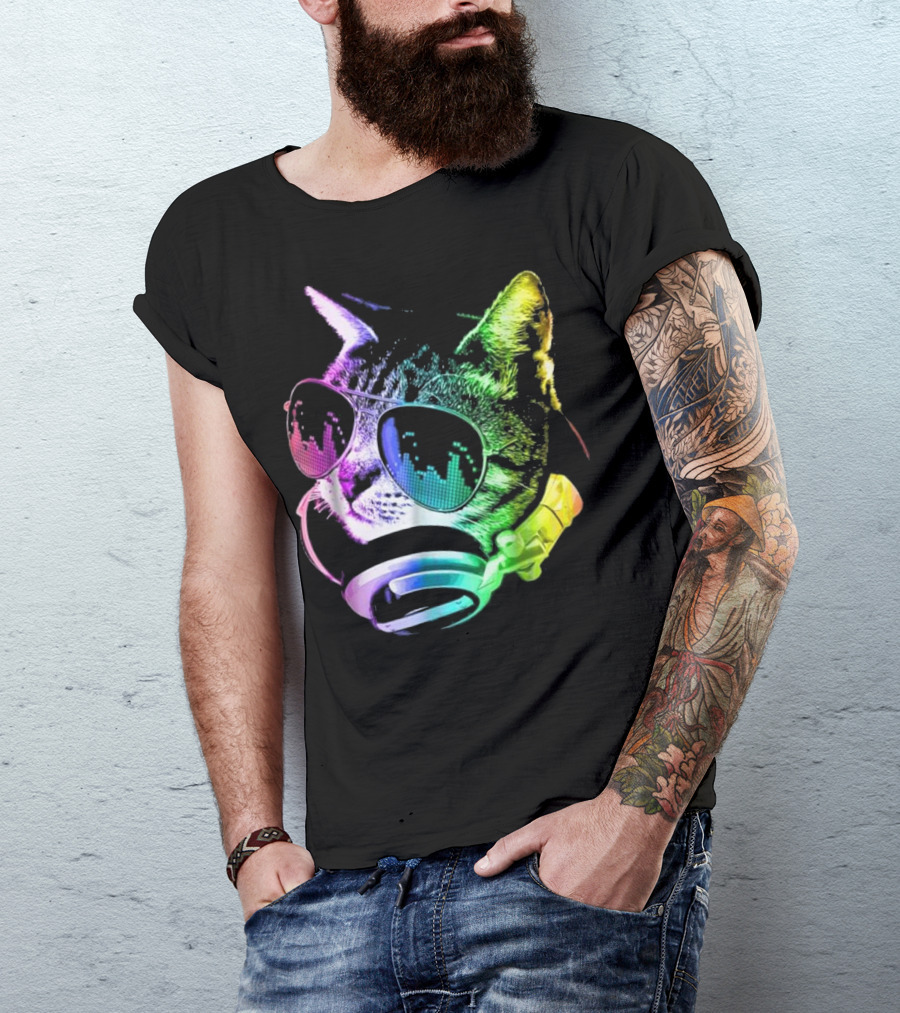 Rainbow Headphones Cat With DJ Glasses Music Equalizer T-Shirt