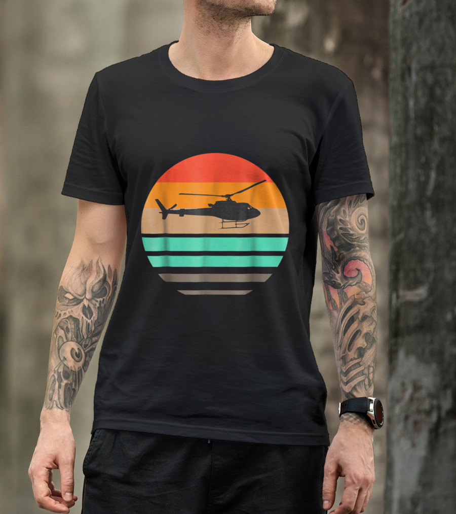 Vintage Helicopter Silhouette Retro Stripes Pilot T-Shirt