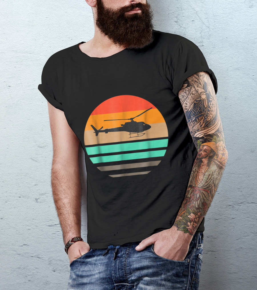 Vintage Helicopter Silhouette Retro Stripes Pilot T-Shirt
