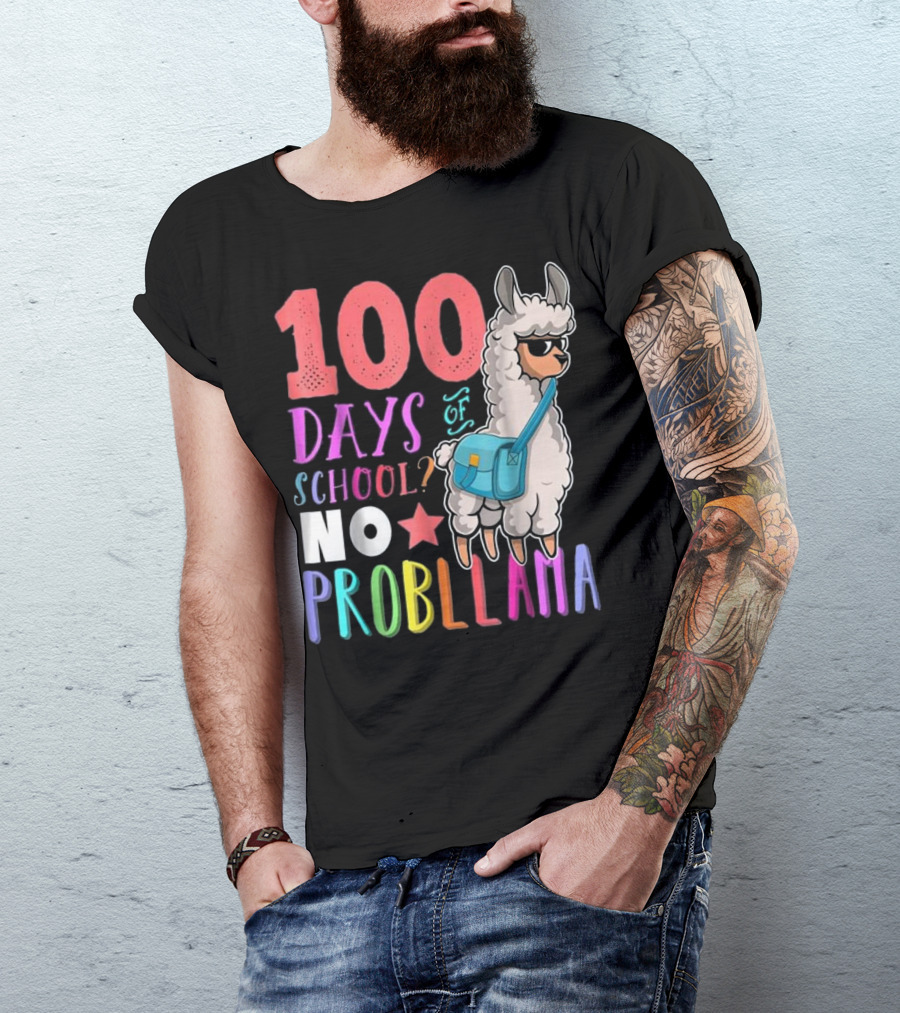 100 Days Of School No Probllama Llama With Colorful Star And Bag T-Shirt