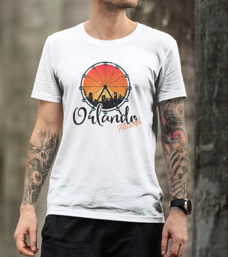Orlando Florida Distressed Skyline Ferris Wheel Sunset T-Shirt
