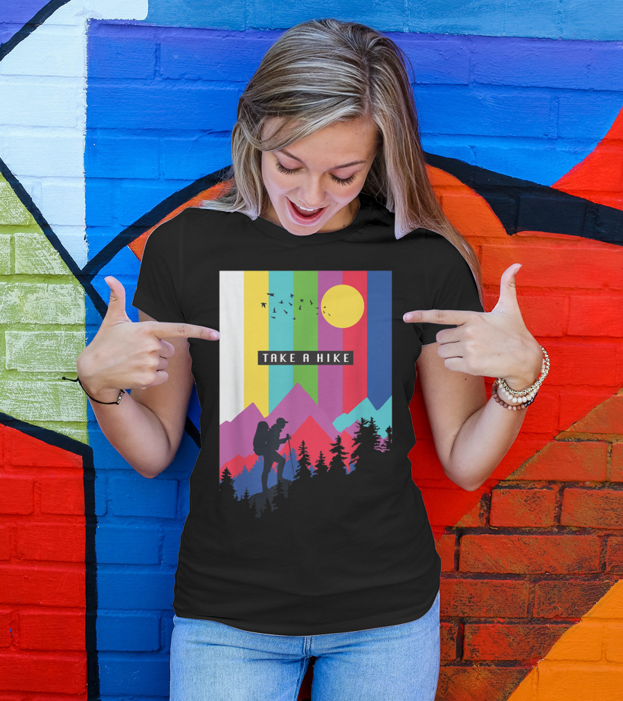 Take A Hike Vintage Hiking Camping Silhouette With Mountains And Sunburst T-Shirt