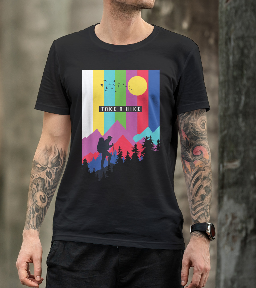 Take A Hike Vintage Hiking Camping Silhouette With Mountains And Sunburst T-Shirt