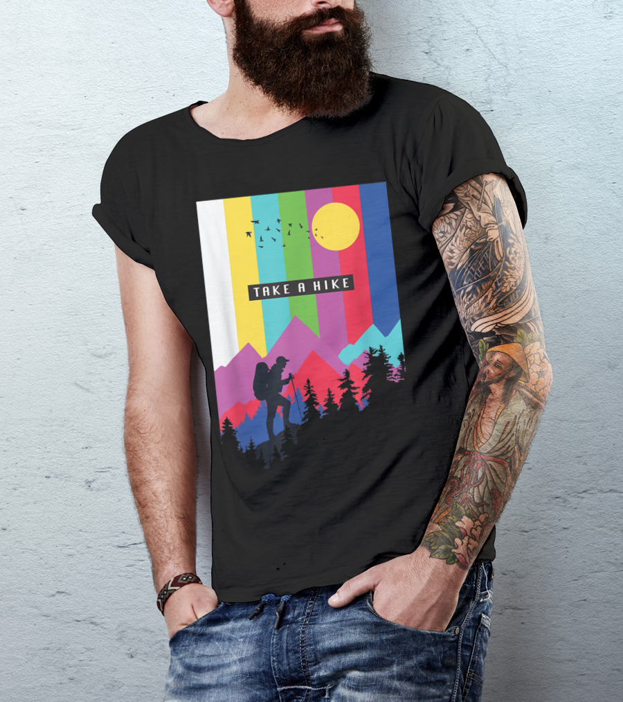 Take A Hike Vintage Hiking Camping Silhouette With Mountains And Sunburst T-Shirt
