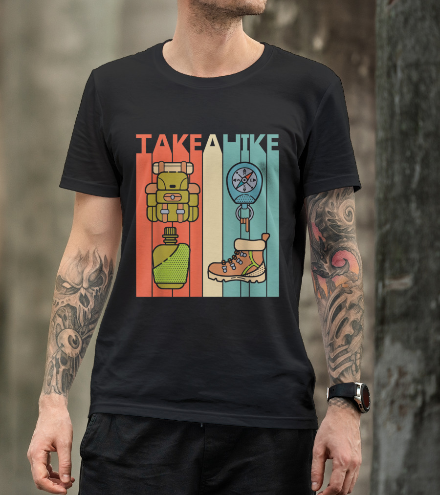 Take A Hike Vintage Hiking Backpack Compass Boot Retro T-Shirt