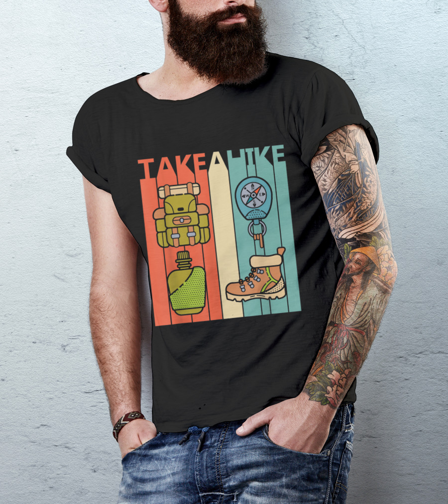 Take A Hike Vintage Hiking Backpack Compass Boot Retro T-Shirt