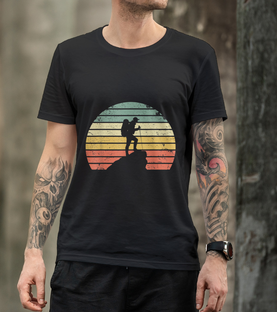 Retro Striped Sunset Hiking Silhouette On Rock T-Shirt