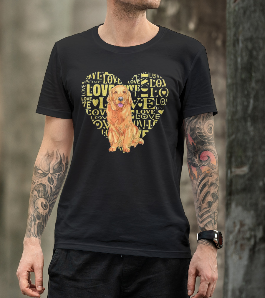 Golden Retriever Love Heart Design With Love Text Background T-Shirt