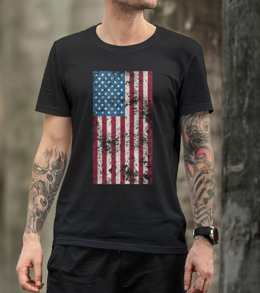 Mens Distressed American Flag Military T-Shirt