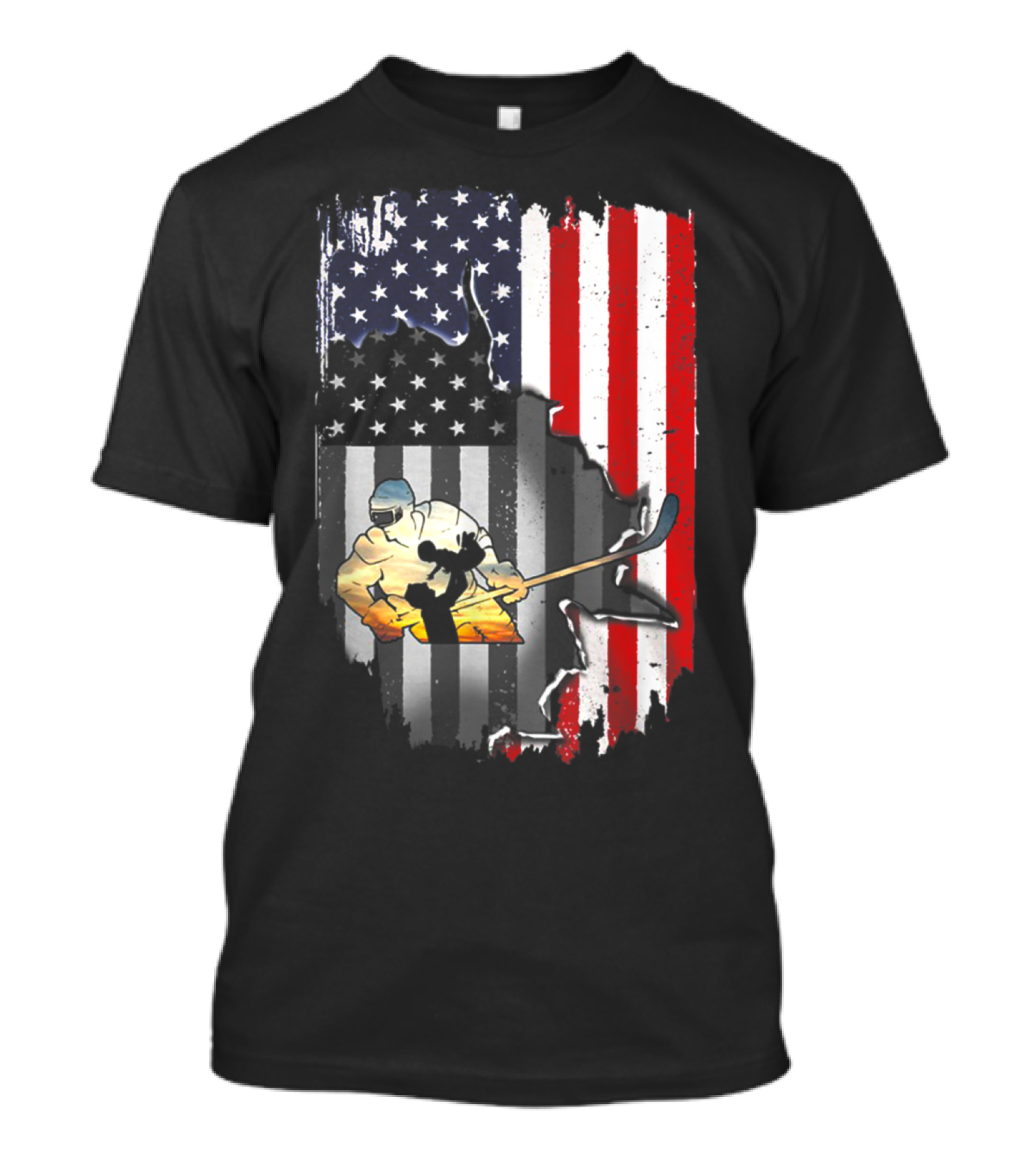 Vintage Hockey Dad American Flag With Hockey Player And USA Flag Background T-Shirt