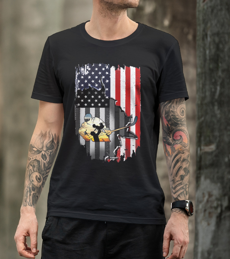 Vintage Hockey Dad American Flag With Hockey Player And USA Flag Background T-Shirt