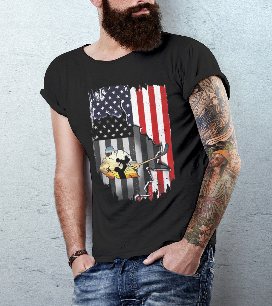 Vintage Hockey Dad American Flag With Hockey Player And USA Flag Background T-Shirt
