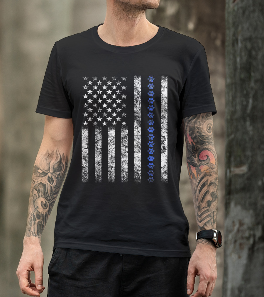 Police Dog K9 American Flag Blue Paw Prints T-Shirt