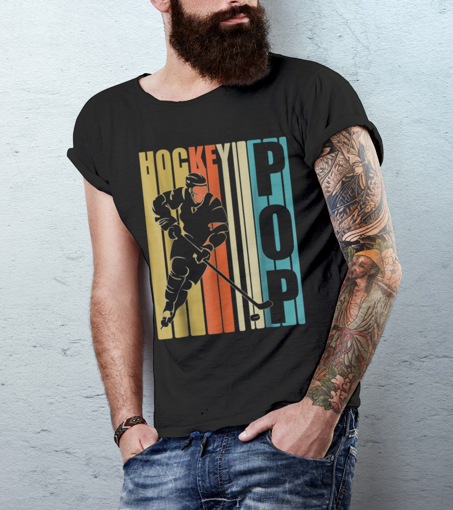 Retro Vintage Hockey Player Bold Stripes American Flag T-Shirt
