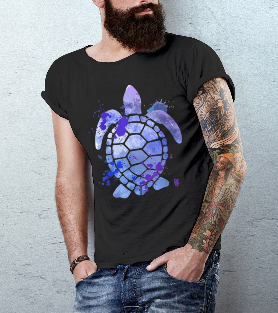 Beach Or School Sea Turtle Blue Purple Splash T-Shirt