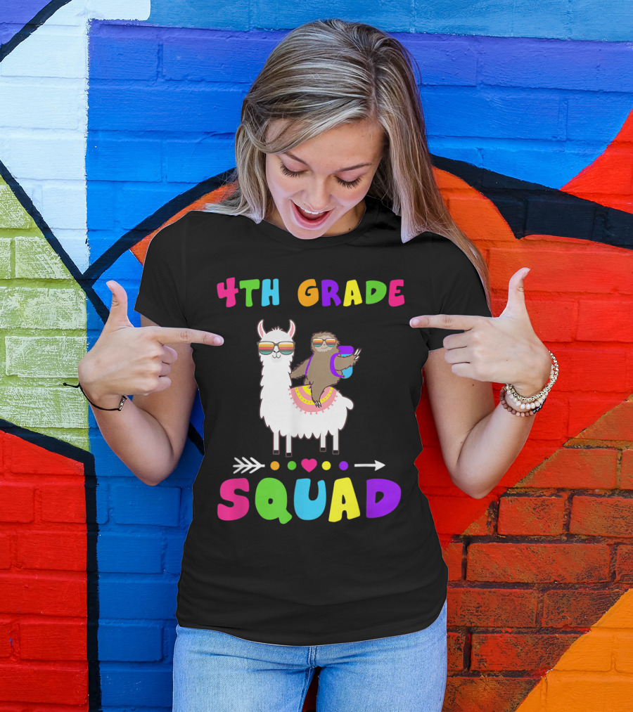 4th Grade Squad Teacher Team With Cool Llama And Sunglasses-Wearing Sloth T-Shirt