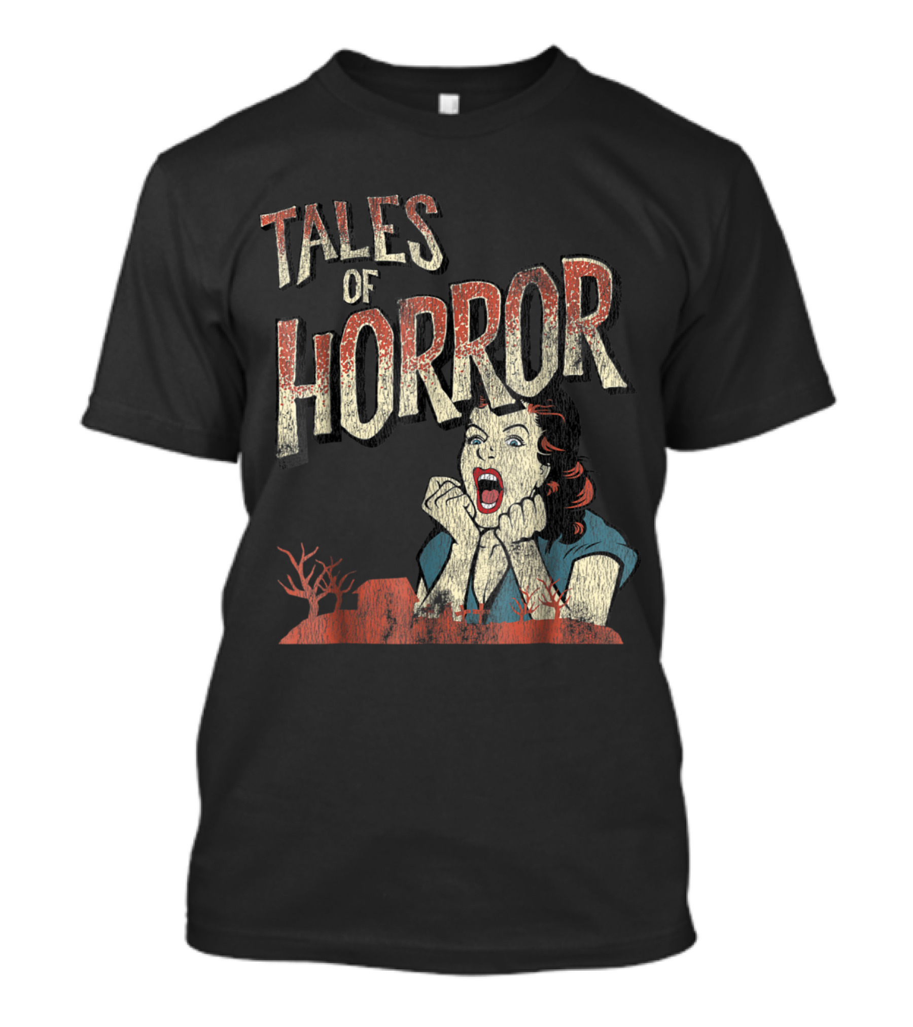 Tales Of Horror Vintage Movie Graphic With Screaming Woman And Desolate Landscape T-Shirt