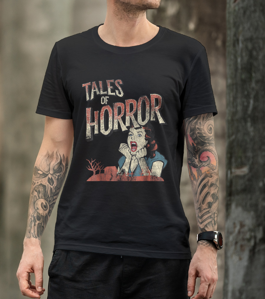 Tales Of Horror Vintage Movie Graphic With Screaming Woman And Desolate Landscape T-Shirt