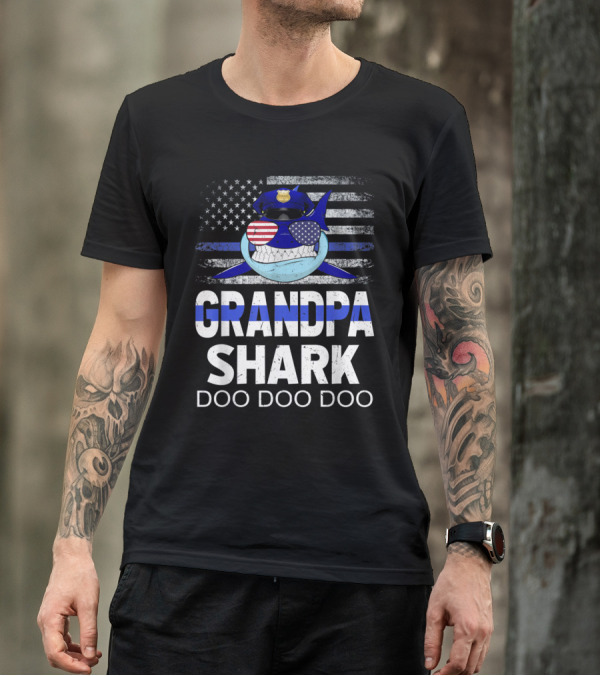 Grandpa Shark Doo Doo Doo Police Thin Blue Line American Flag T-Shirt
