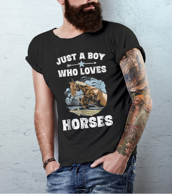 Just A Boy Who Loves Horses Vintage Horse Riding Racing Equestria T-Shirt