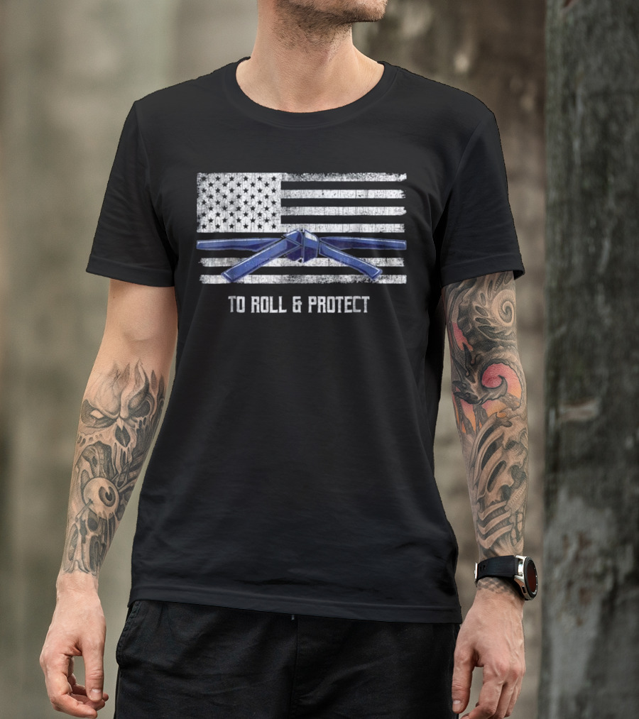 Distressed American Flag With Blue Belt Jiu Jitsu To Roll And Protect T-Shirt