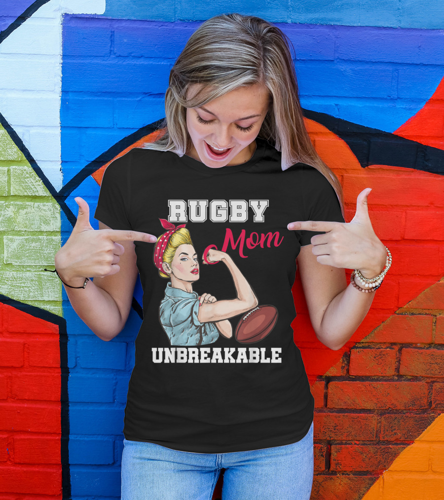 Rugby Mom Unbreakable Strong Woman Flexing With Rugby Ball T-Shirt