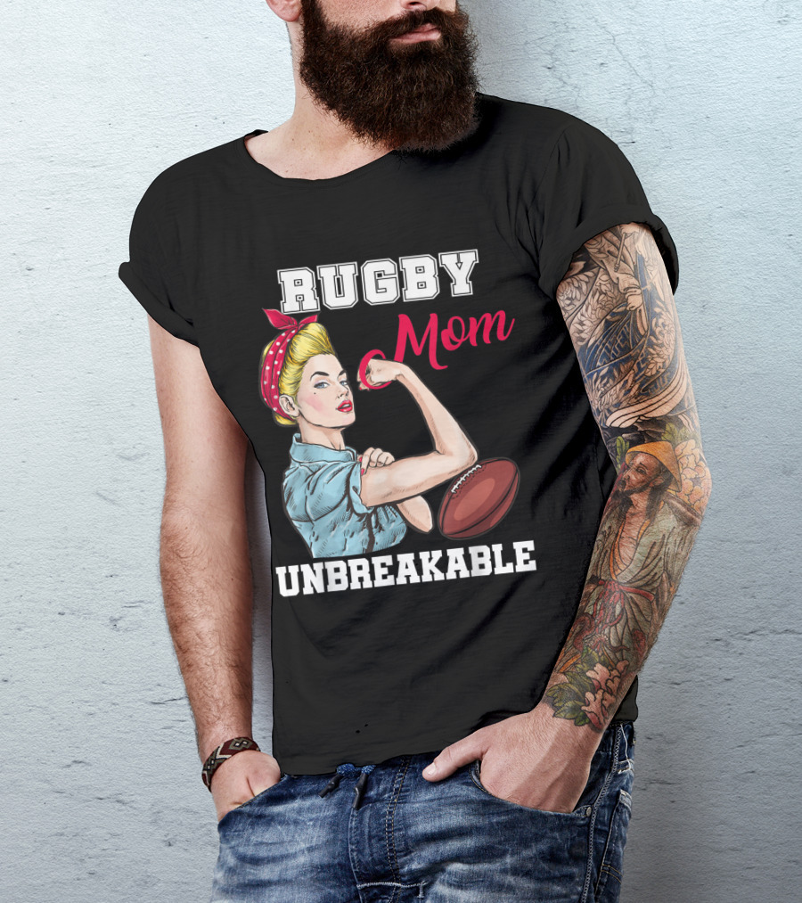 Rugby Mom Unbreakable Strong Woman Flexing With Rugby Ball T-Shirt