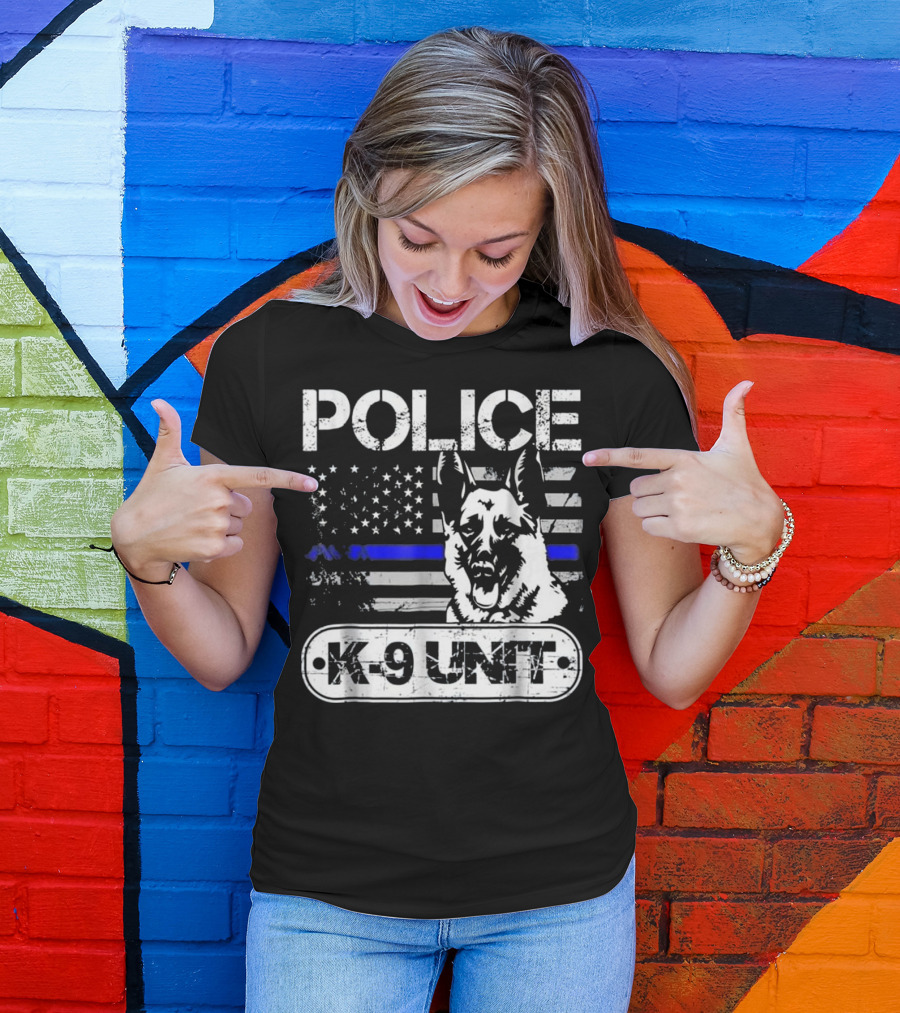 Distressed Police K9 Unit American Flag Thin Blue Line Dog T-Shirt