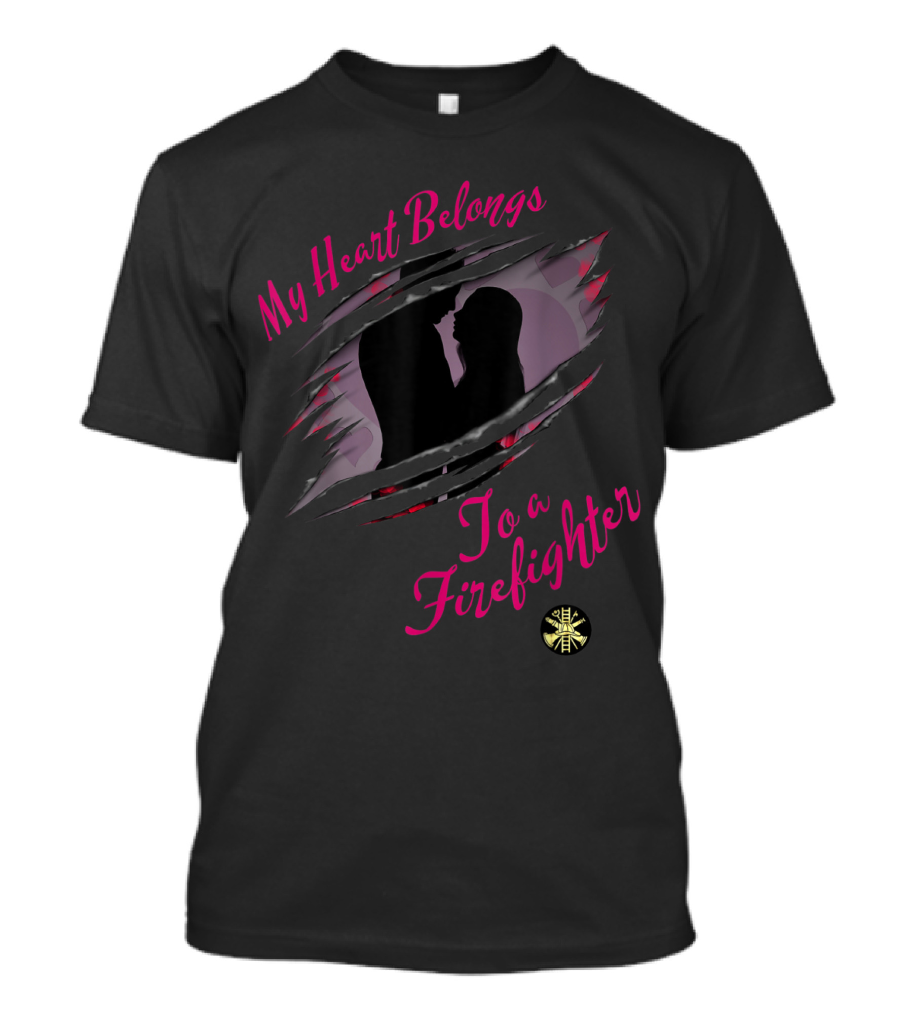 My Heart Belongs To A Firefighter Silhouette Romance With Fire Department Emblem T-Shirt