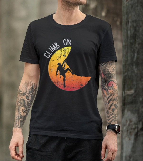 Climb On Rock Mountain Climbing Silhouette Against Distressed Yellow And Orange Suns Background T-Shirt
