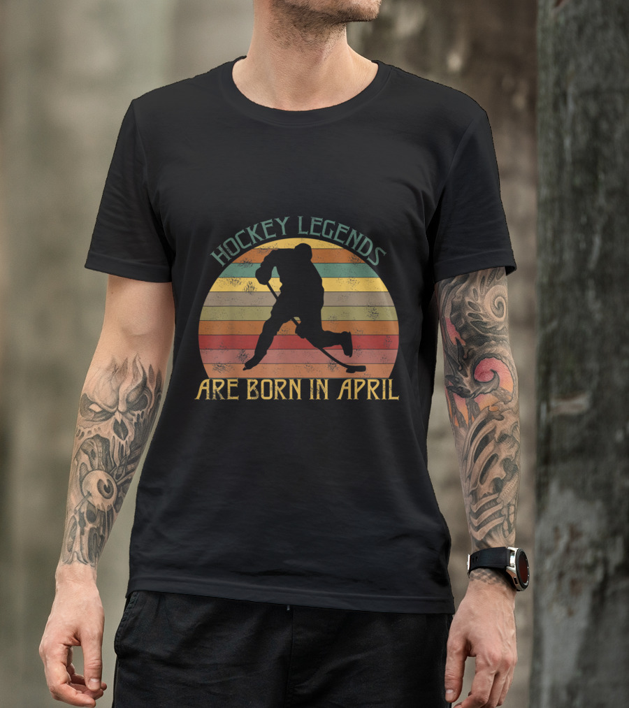 Hockey Legends Are Born In April Vintage Retro Stripes T-Shirt