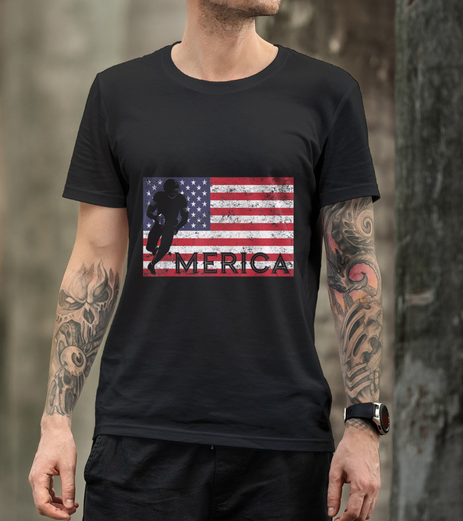 Rugby Player On Grunge American Flag With Merica Text T-Shirt