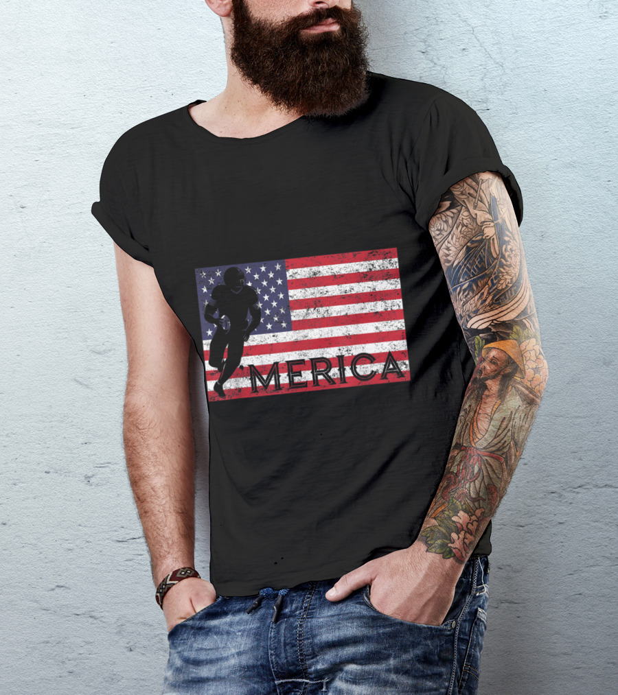 Rugby Player On Grunge American Flag With Merica Text T-Shirt
