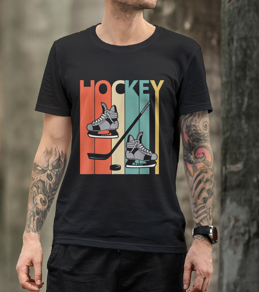Retro Hockey Ice Skates And Stick Design With Vintage Stripes T-Shirt