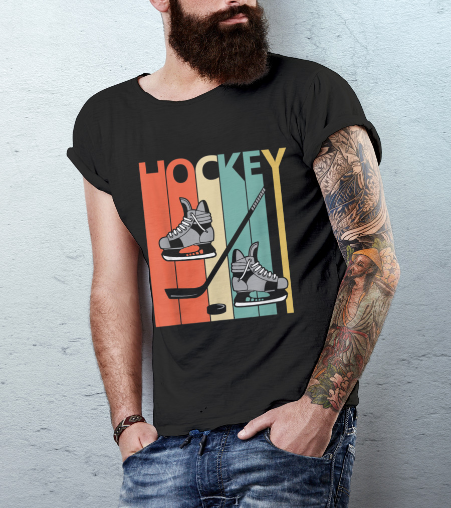 Retro Hockey Ice Skates And Stick Design With Vintage Stripes T-Shirt