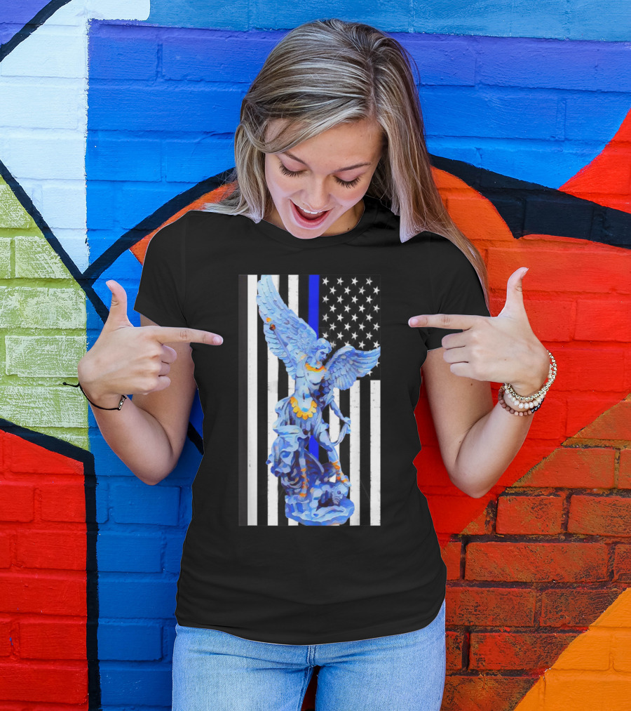 St. Michael Archangel Thin Blue Line American Flag Police Officer T-Shirt