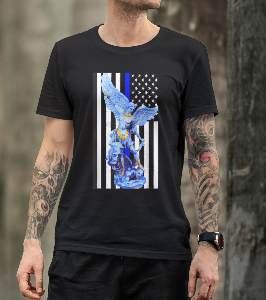 St. Michael Archangel Thin Blue Line American Flag Police Officer T-Shirt