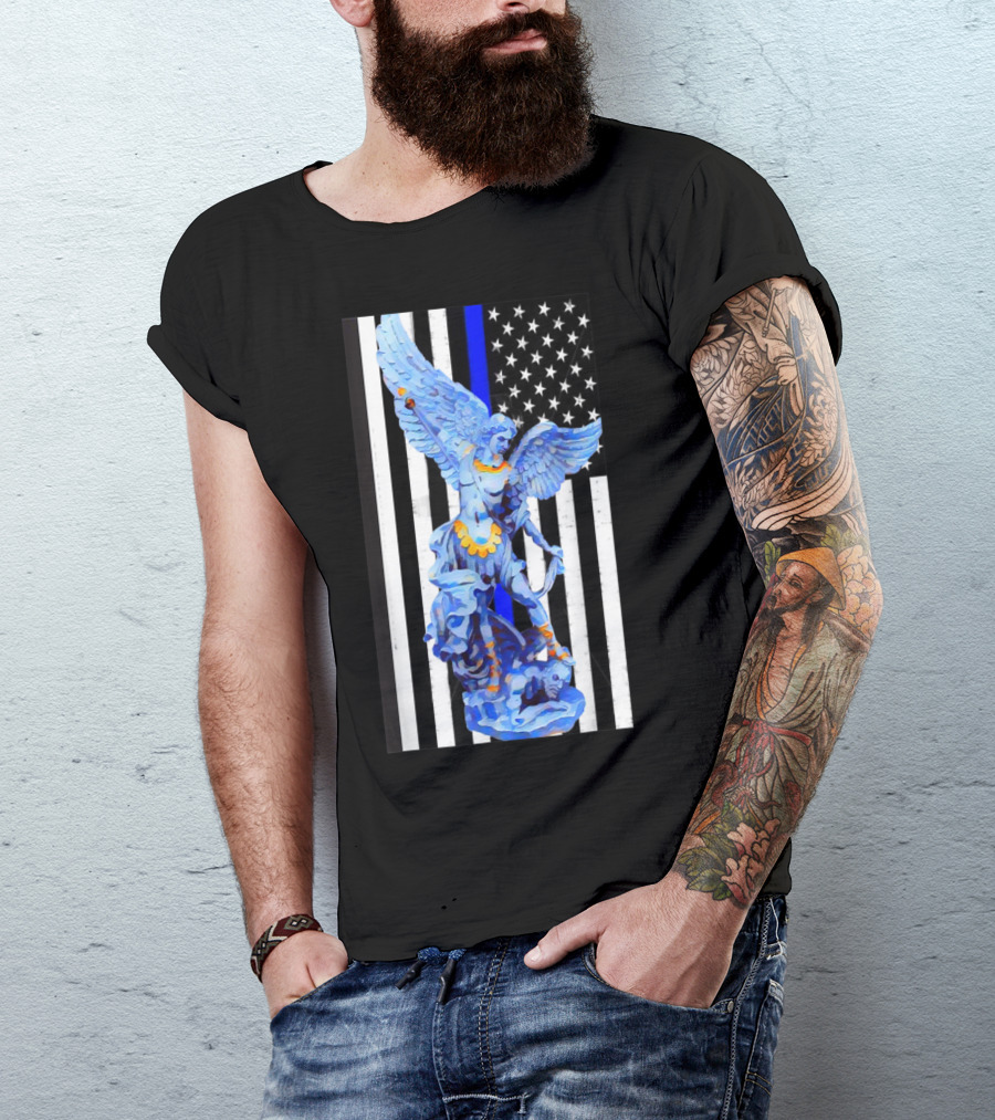 St. Michael Archangel Thin Blue Line American Flag Police Officer T-Shirt