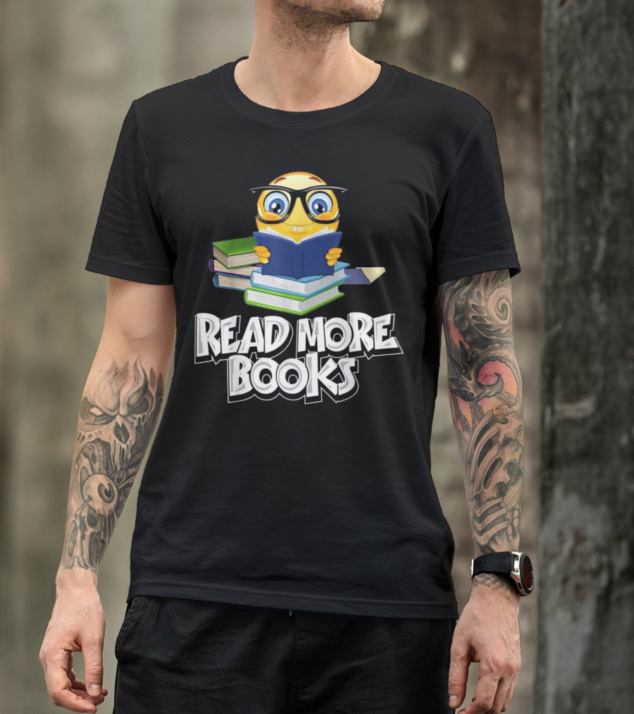 Read More Books Funny Cute Reading Emoji With Glasses On Stack Of Books T-Shirt