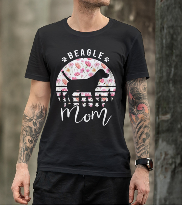 Beagle Mom Floral Silhouette With Paw Prints And Flowers T-Shirt
