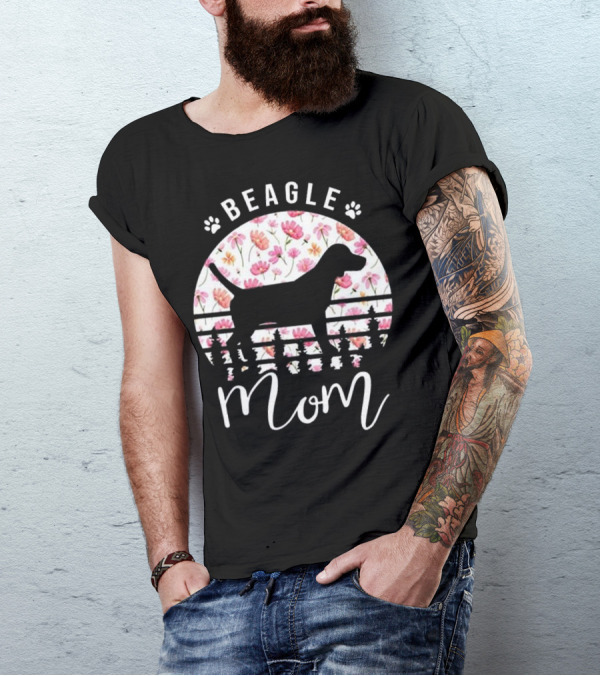Beagle Mom Floral Silhouette With Paw Prints And Flowers T-Shirt