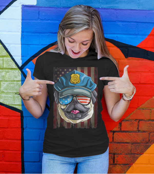 Patriotic Police Pug With American Flag Sunglasses And Badge In Front Of Grunge American Flag Background T-Shirt